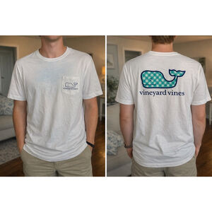 Men’s Vineyard Vines White Gingham Whale Pocket Tee Shirt Size L Pima Cotton